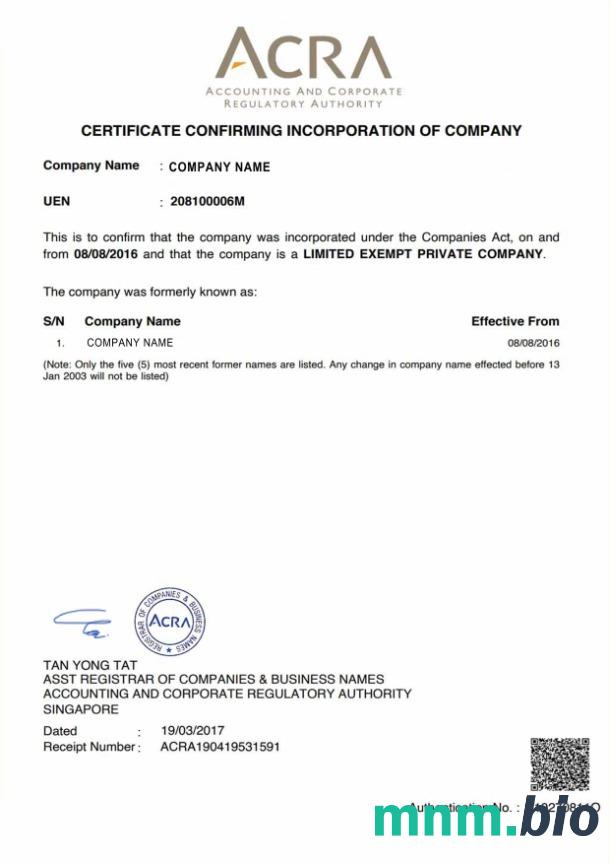 Singapore vcertyfikat of inkorporacja Word i szablon PDF